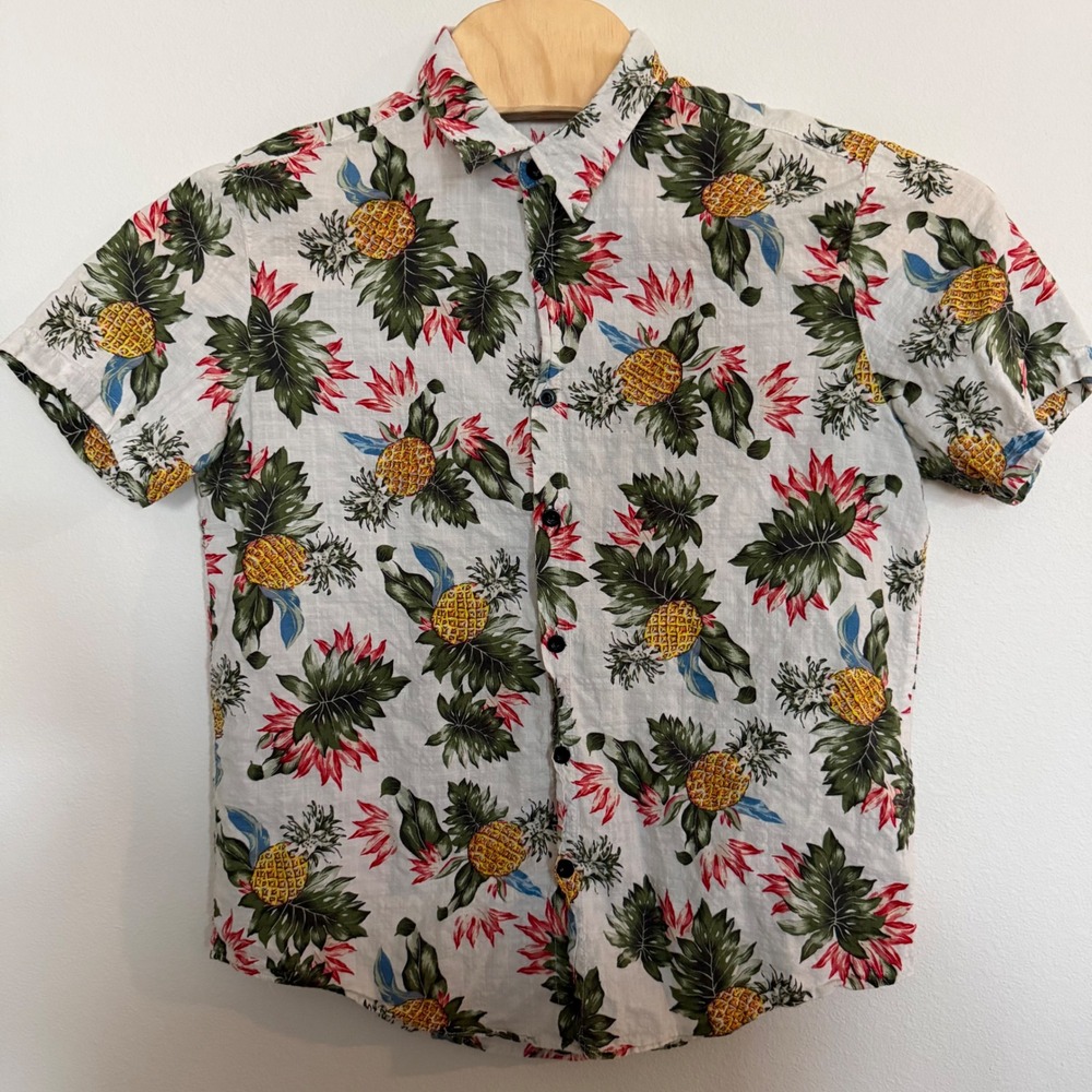 VatPave Mens Tropical Pineapple Hibiscus Short Sleeve Button Down‎ Shirt White M